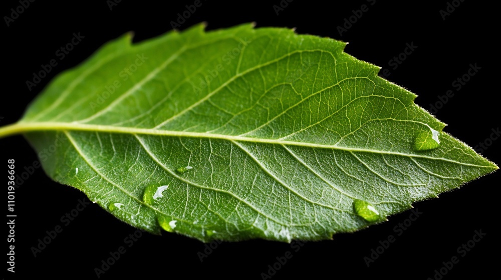 Close-up of a Green Leaf with Water Droplets on a Black Background Close-up of a Green Leaf with Water Droplets on a Black Background