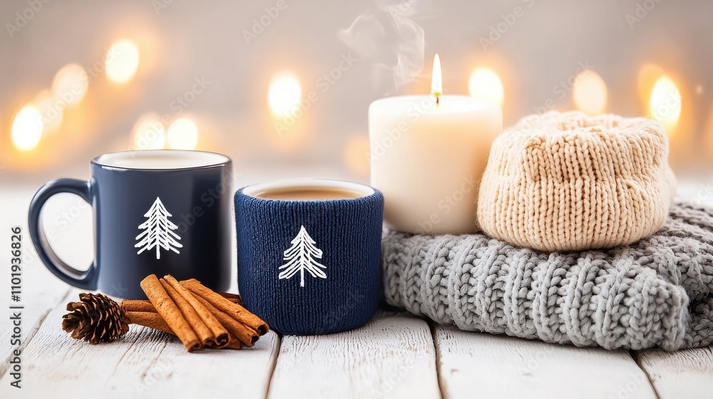 Cozy Winter Scene with Candle, Cups, Sweater, Pinecone, and Cinnamon Sticks on Wood Table Cozy Winter Scene with Candle, Cups, Sweater, Pinecone, and Cinnamon Sticks on Wood Table