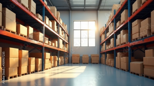 A modern warehouse mockup with shelves full of neatly stacked boxes