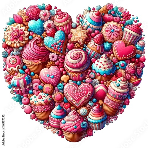 A playful and colorful arrangement of sweet treats and pastries forming a heart. photo