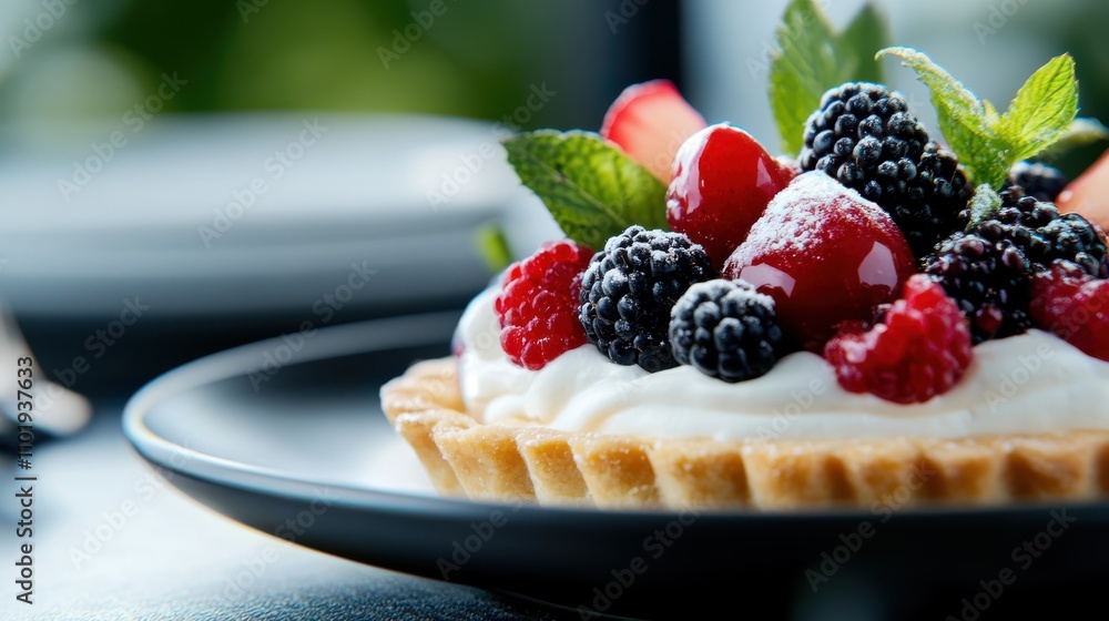 A classic tart elegantly topped with fresh berries and mint, set on a sleek black dish, creating a striking contrast that's as tasty as it looks. A classic tart elegantly topped with fresh berries and mint, set on a sleek black dish, creating a striking contrast that's as tasty as it looks.