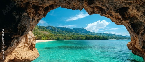 Explorers discovering a hidden waterfall on a tropical island, stock photo style photo