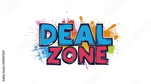 Vibrant and playful 'Deal Zone' word graphic with colorful splashes, perfect for promotions and marketing. photo