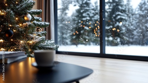 A serene indoor setting with a snow-covered Christmas tree viewed through a window, accompanied by a steaming coffee cup on a sleek black table. photo