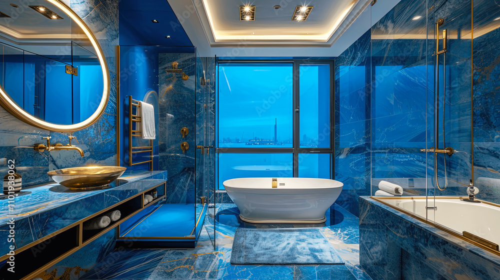 Luxurious Blue Bathroom with Scenic View Luxurious Blue Bathroom with Scenic View
