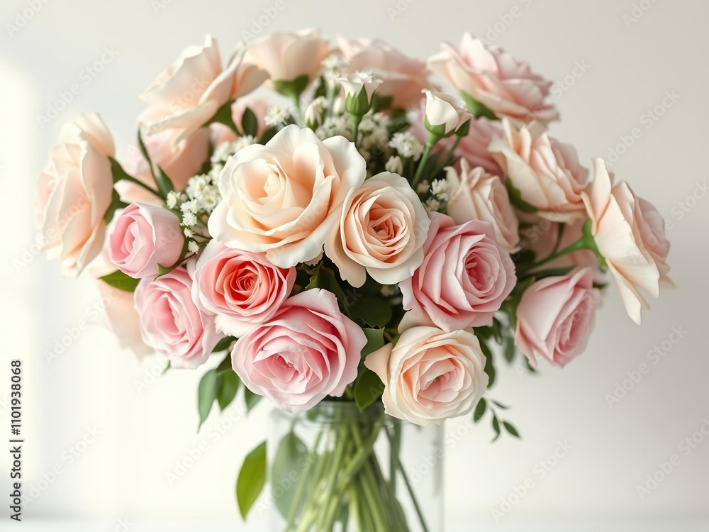 A vase filled with pale pink roses and carnations in a classical style, romantic floral art, , pale pink florals A vase filled with pale pink roses and carnations in a classical style, romantic floral art, , pale pink florals