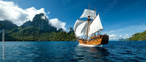 Pirate ship engaged in battle near a tropical island, cannon smoke filling the air, stock photo style photo