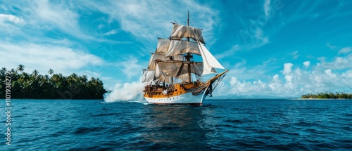 Pirate ship engaged in battle near a tropical island, cannon smoke filling the air, stock photo style photo