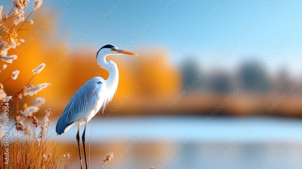 Fototapeta premium An elegant heron perches by a serene lake, surrounded by golden-hued autumn foliage. The scene captures a moment of peaceful beauty and natural harmony.