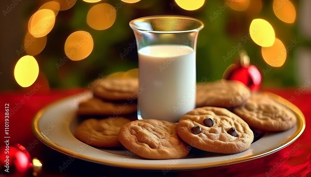 A close up view of a plate of cookies with a cup of milk with blurred Christmas background; a plate of cookies and milk left out on the table for Santa on Christmas; Christmas photography; xmas season A close up view of a plate of cookies with a cup of milk with blurred Christmas background; a plate of cookies and milk left out on the table for Santa on Christmas; Christmas photography; xmas season