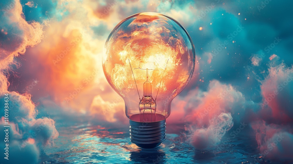 Creative light bulb with fiery elements in dreamy clouds Creative light bulb with fiery elements in dreamy clouds