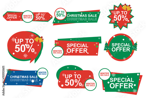 Symbol Set. end year sale and Christmas sale logo with discount text. Vector illustration