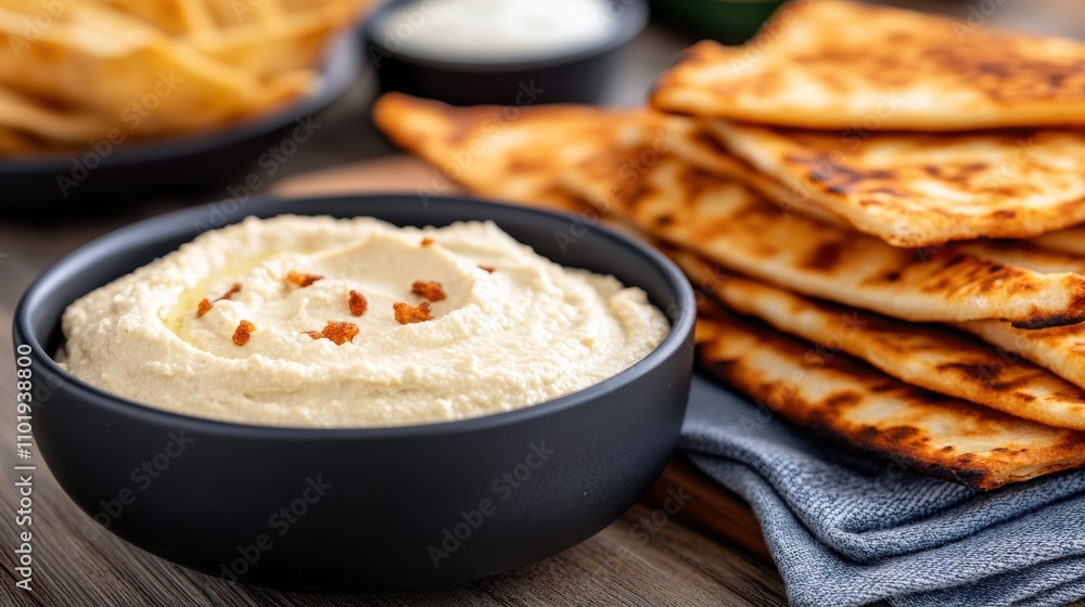 A bowl of creamy hummus garnished with spices, accompanied by a stack of grilled pita bread slices, perfect for a healthy snack or appetizer, on a rustic table setting. A bowl of creamy hummus garnished with spices, accompanied by a stack of grilled pita bread slices, perfect for a healthy snack or appetizer, on a rustic table setting.