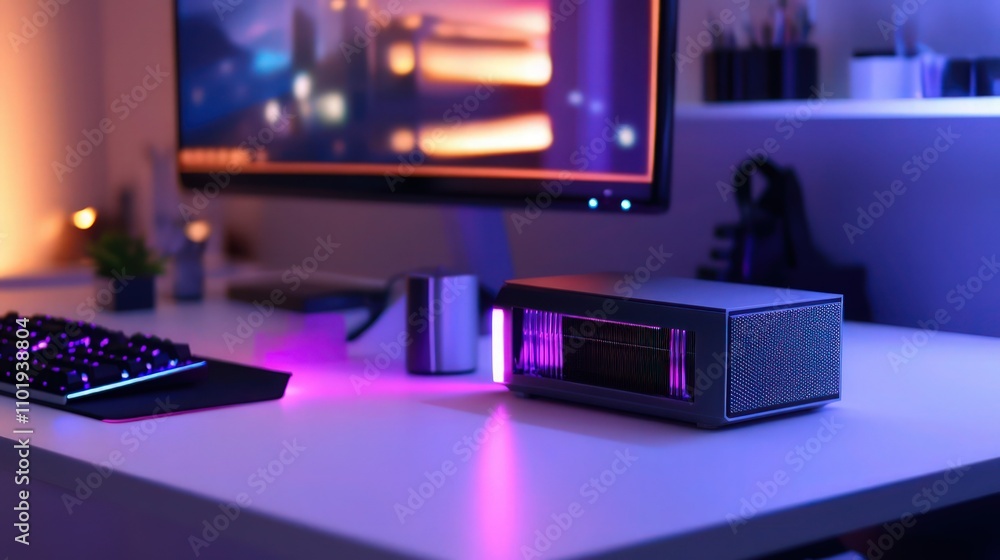 sleek modern CPU cooler with LED lights on a minimalist white desk, emphasizing advanced cooling technology. sleek modern CPU cooler with LED lights on a minimalist white desk, emphasizing advanced cooling technology.