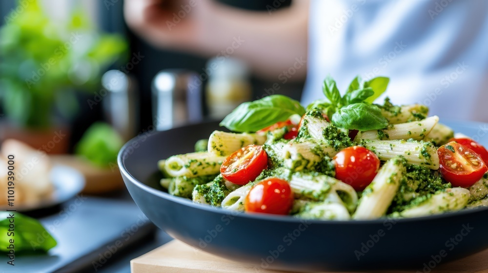 An exquisite penne pasta dish with a rich pesto coating, enhanced by ripe cherry tomatoes and a garnish of fresh basil, set against a dark decor background. An exquisite penne pasta dish with a rich pesto coating, enhanced by ripe cherry tomatoes and a garnish of fresh basil, set against a dark decor background.