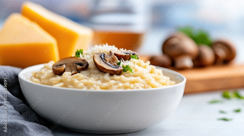 This visually appealing risotto is adorned with cheese and mushrooms, presented on a neutral white background that highlights the simplicity and elegance of the dish.