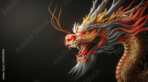 Chinese dragon on a black background. Generative AI Illistration of ancient asian dragon on black background. Dragons background. Place for text.