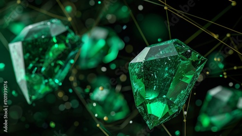 Wallpaper Mural A digital rendering of emerald gemstones with sharp edges and intricate wireframe details, floating against a dark green background. Glowing particles enhance the sci-fi and luxury feel. Torontodigital.ca