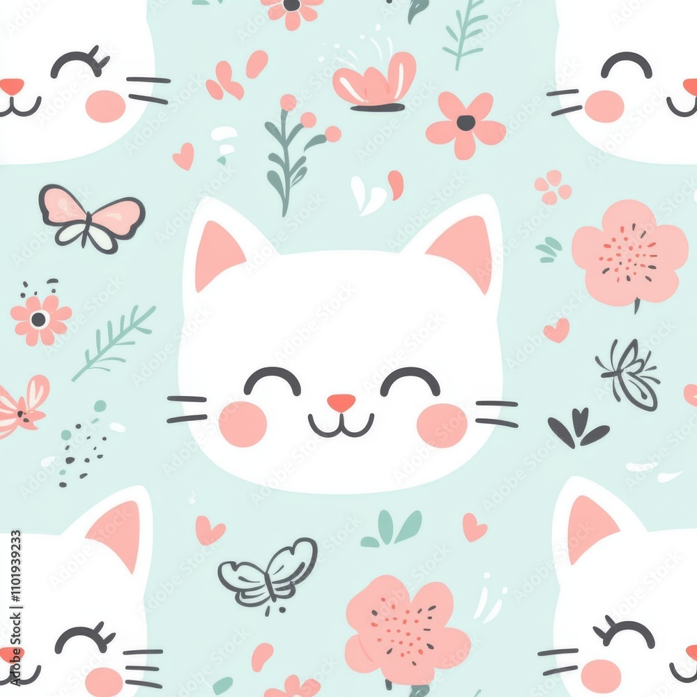 A seamless design featuring whimsical cat heads, flowers, and butterflies..A continuous pattern that includes playful cat faces, blooming flowers, and fluttering butterflies..An unbroken motif A seamless design featuring whimsical cat heads, flowers, and butterflies..A continuous pattern that includes playful cat faces, blooming flowers, and fluttering butterflies..An unbroken motif