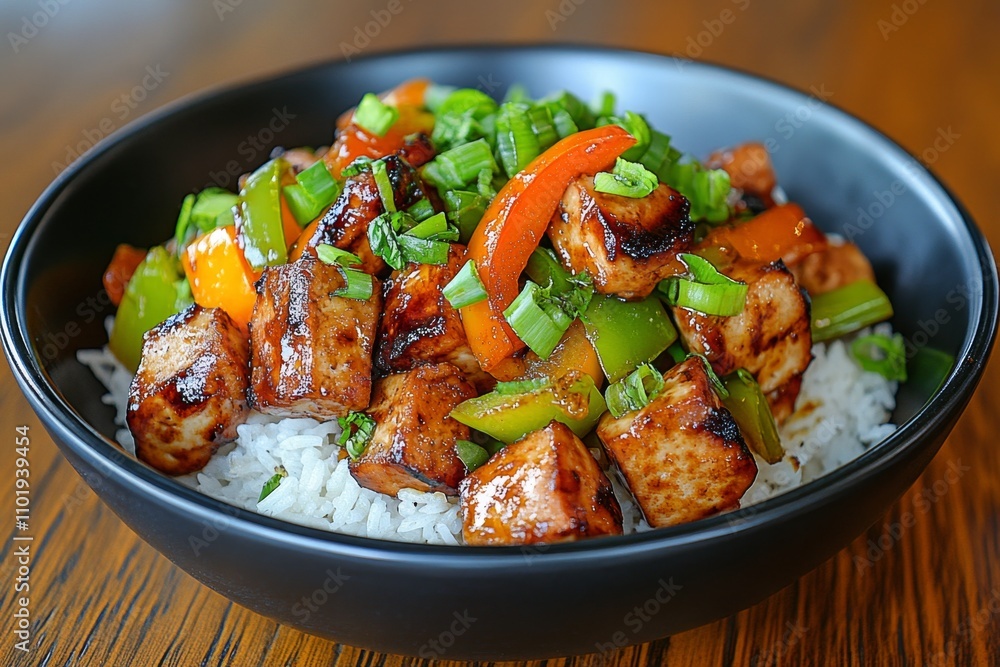 A vibrant stir-fry dish featuring asparagus, bell peppers, and tofu, served over steamed rice A vibrant stir-fry dish featuring asparagus, bell peppers, and tofu, served over steamed rice