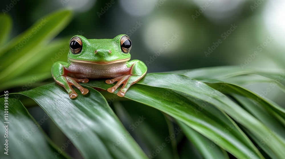 A vibrant green frog with wide eyes perches on a leaf amidst a lush forest backdrop, embodying nature's beauty and the simplicity of wildlife observation. A vibrant green frog with wide eyes perches on a leaf amidst a lush forest backdrop, embodying nature's beauty and the simplicity of wildlife observation.
