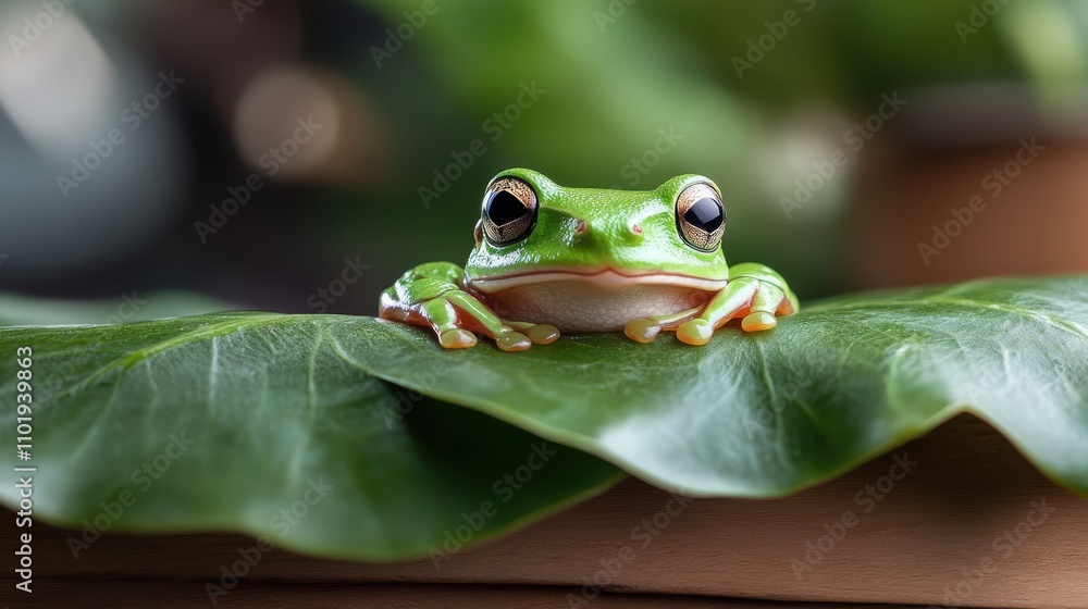 An image capturing a serene green frog resting on a broad leaf, its orange toes splayed gracefully, evokes a sense of stillness and observation in the natural world. An image capturing a serene green frog resting on a broad leaf, its orange toes splayed gracefully, evokes a sense of stillness and observation in the natural world.
