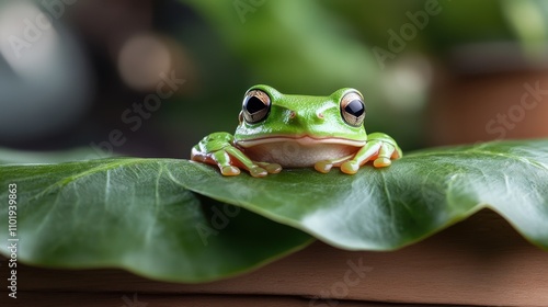 An image capturing a serene green frog resting on a broad leaf, its orange toes splayed gracefully, evokes a sense of stillness and observation in the natural world. photo