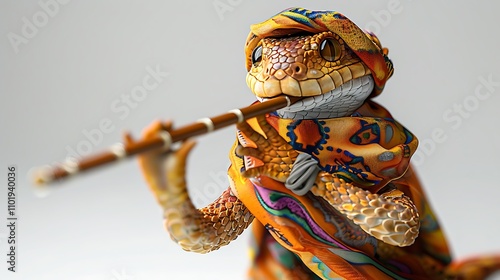 A silly snake wearing a snake charmer costume, playing the flute on a white background photo