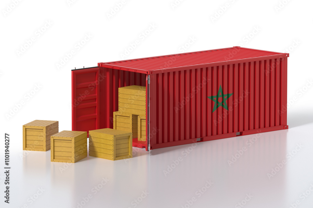 Cargo Container with Morocco Flag Being Unloaded with Wooden Crates on White Background Cargo Container with Morocco Flag Being Unloaded with Wooden Crates on White Background