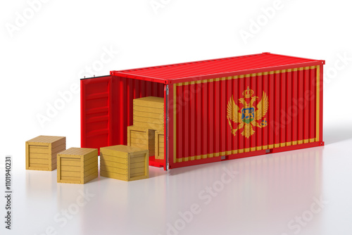 Cargo Container with Montenegro Flag Being Unloaded with Wooden Crates on White Background