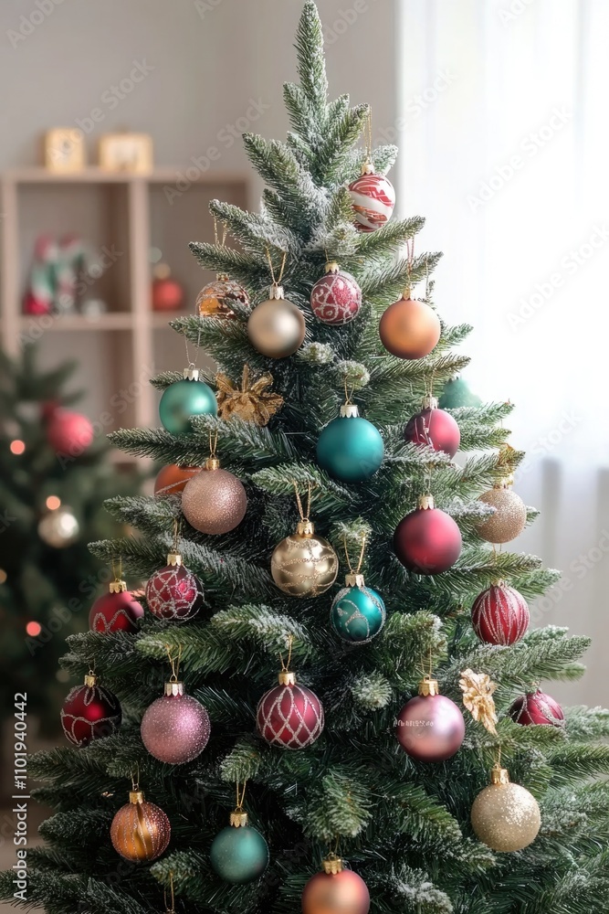 A Christmas tree decorated with ornaments and placed in a cozy living room A Christmas tree decorated with ornaments and placed in a cozy living room
