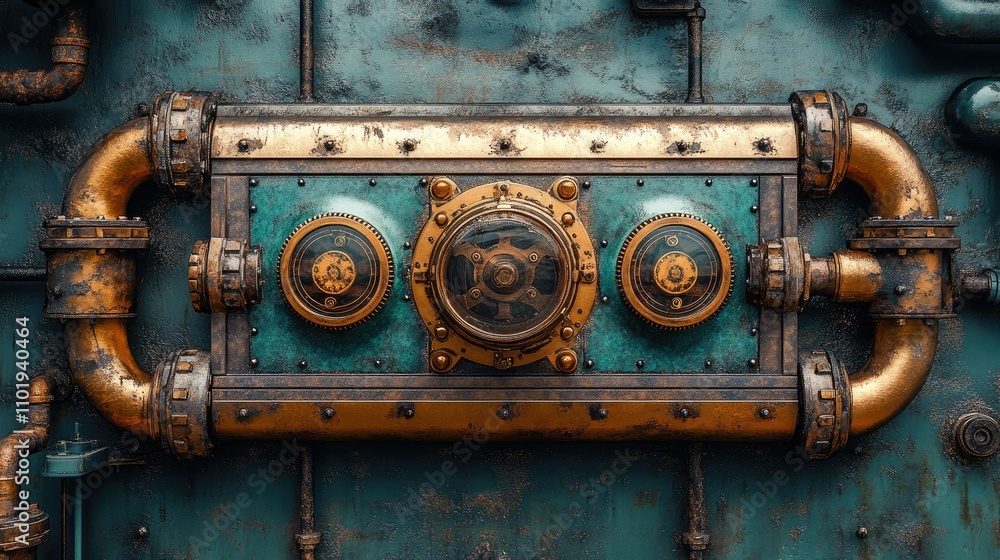 Rusty steampunk control panel with gauges and pipes on a textured metal background. Rusty steampunk control panel with gauges and pipes on a textured metal background.