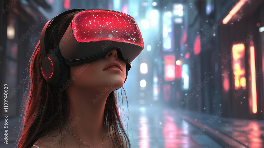 Exploring virtual reality in a futuristic cityscape during a neon-lit night. Generative AI Exploring virtual reality in a futuristic cityscape during a neon-lit night. Generative AI
