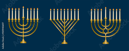 The Menorah is a symbol of the Jewish holiday of Hanukkah. A traditional candlestick with burning candles. Vector isolated illustration