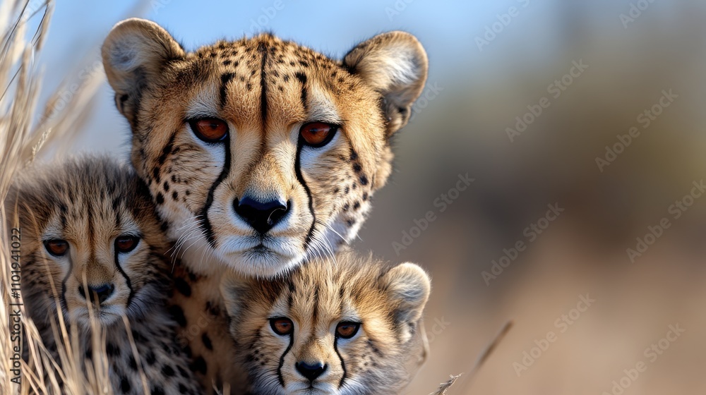 In a heartfelt scene, a cheetah mother huddles with her two cubs amidst the swaying dry grasses, illustrating love, care, and nurturing in the animal kingdom. In a heartfelt scene, a cheetah mother huddles with her two cubs amidst the swaying dry grasses, illustrating love, care, and nurturing in the animal kingdom.