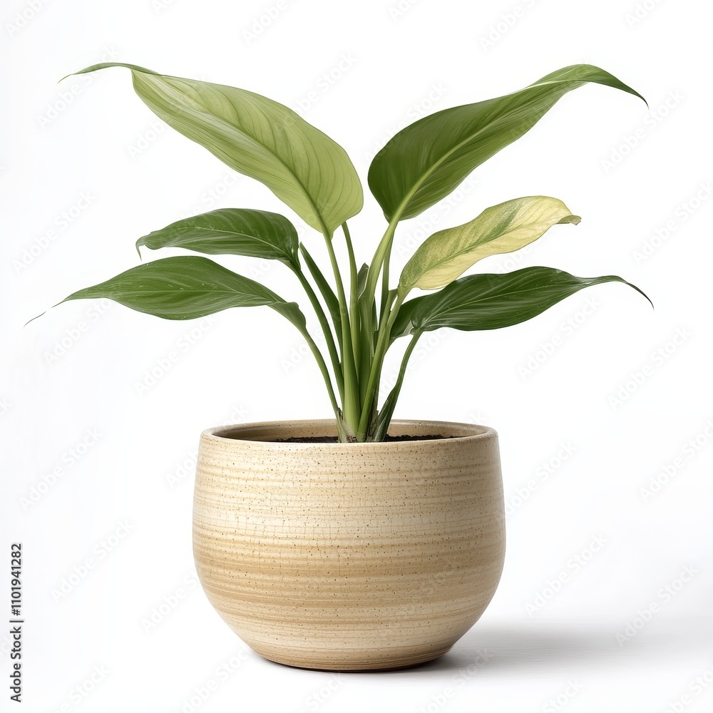 Indoor Green Plant in Modern Beige Pot Against White Background Indoor Green Plant in Modern Beige Pot Against White Background