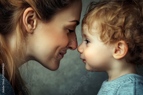 A young mother gently touches her little son with her nose. The concept of maternal love, parenthood.