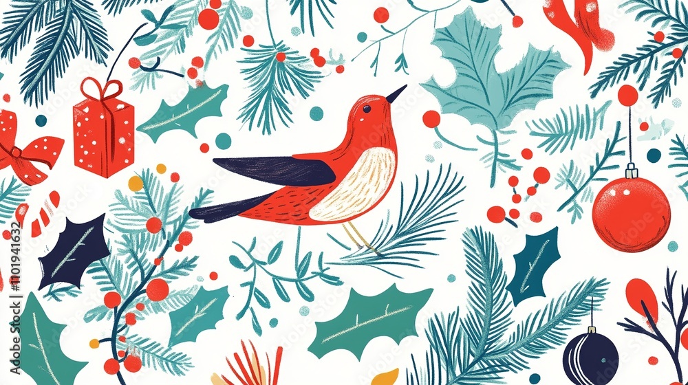 Fototapeta premium Colorful Holiday Card Illustration Featuring Festive Elements and Nature