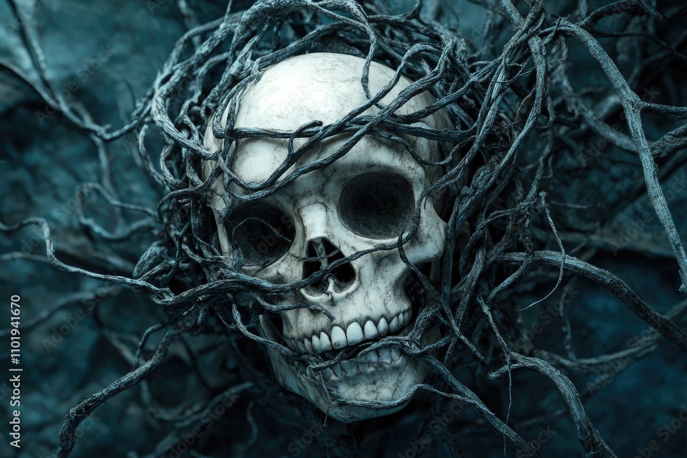 A skull wrapped in vines in a dark room, ideal for horror or mystery scenes A skull wrapped in vines in a dark room, ideal for horror or mystery scenes