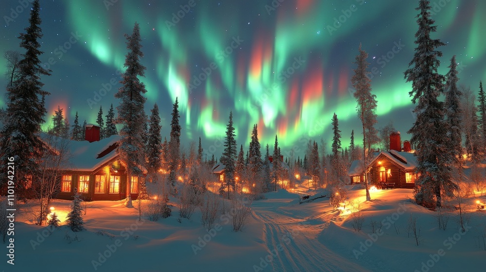A serene winter scene featuring cozy cabins under the vibrant northern lights.