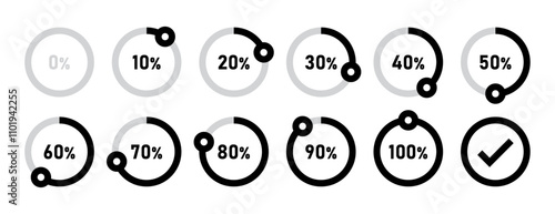 Infographic loading circles and progress circles set with 0 to 100 percent in black color. Set of circle percentage diagrams for infographics 0 10 20 30 40 50 60 70 80 90 100 percent. Vector icon