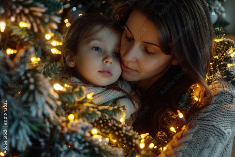 A mother holds her child in front of a decorated Christmas tree A mother holds her child in front of a decorated Christmas tree