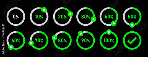 Percentage infographics in green colors. Circle loading and circle progress collection. Set of circle percentage diagrams for infographics 0 10 20 30 40 50 60 70 80 90 100 percent on black background.
