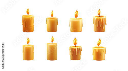 Set of burning orange candle flames isolated on transparent background