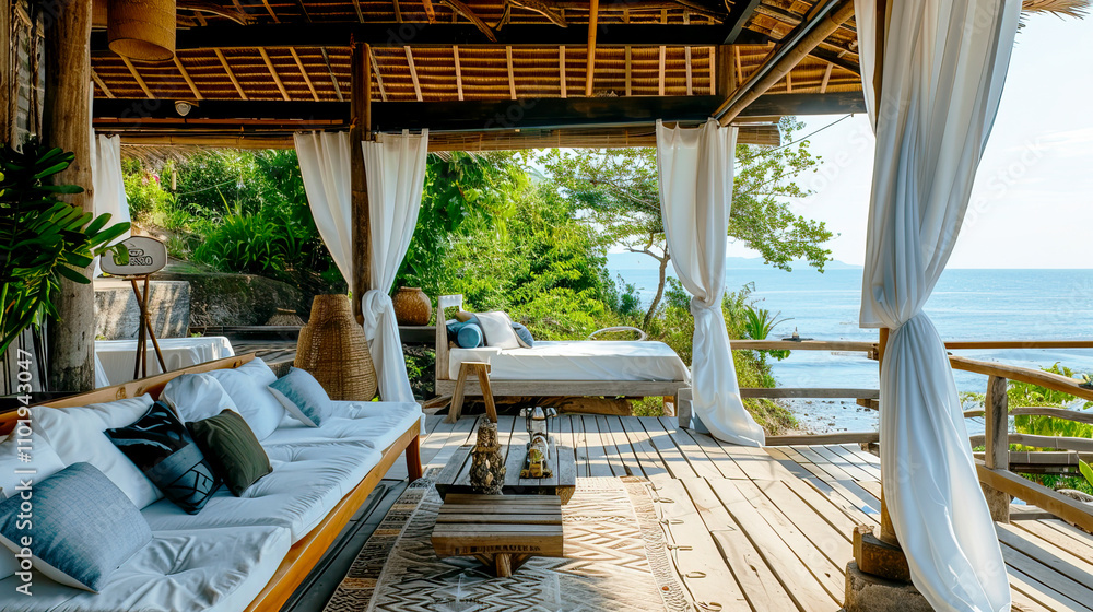 Cozy beachfront villa with serene ocean view and tropical decor Cozy beachfront villa with serene ocean view and tropical decor