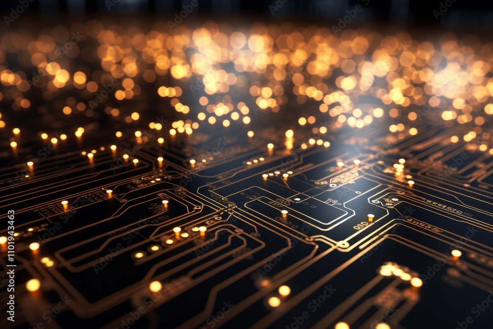 Complex electronic pathways illuminate a futuristic circuit board, symbolizing the flow of information in the digital age Complex electronic pathways illuminate a futuristic circuit board, symbolizing the flow of information in the digital age