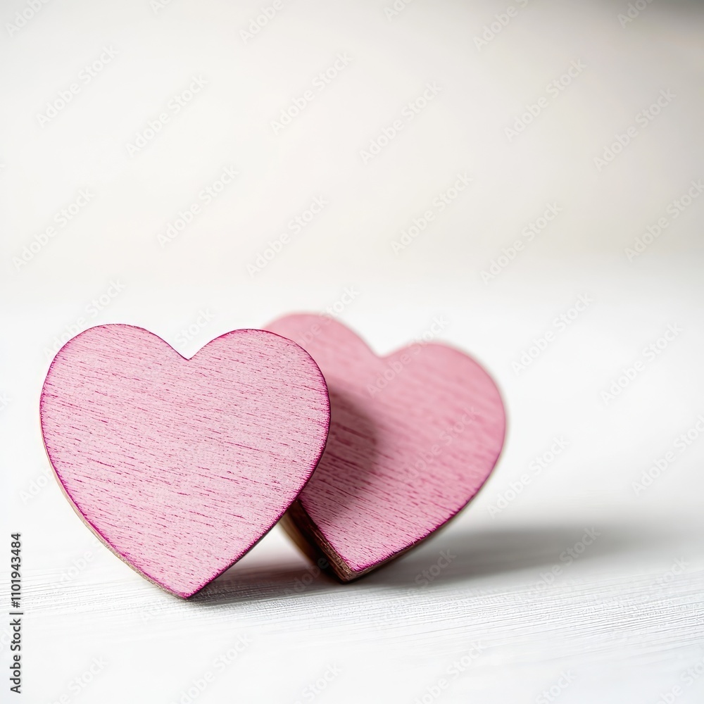 Two Pink Wooden Hearts on White Background, Simple Minimalistic Style, Copy Space for Valentine's Day Concept, Studio Shot, High-Key Lighting, Natural Colors, Blurred Background Two Pink Wooden Hearts on White Background, Simple Minimalistic Style, Copy Space for Valentine's Day Concept, Studio Shot, High-Key Lighting, Natural Colors, Blurred Background