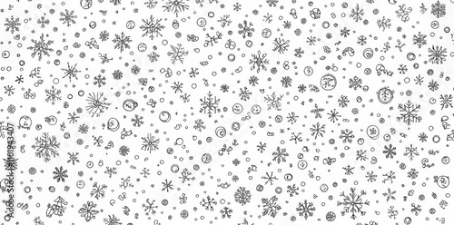 A seamless Christmas pattern featuring snowflakes and stars set against a white background..A continuous Christmas design with snowflakes and stars on a white backdrop..A snowflake and star-studded