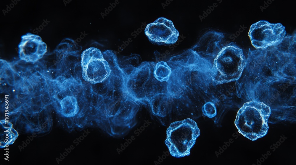 Dust spores blue bright contractions from left into the picture, black background Dust spores blue bright contractions from left into the picture, black background