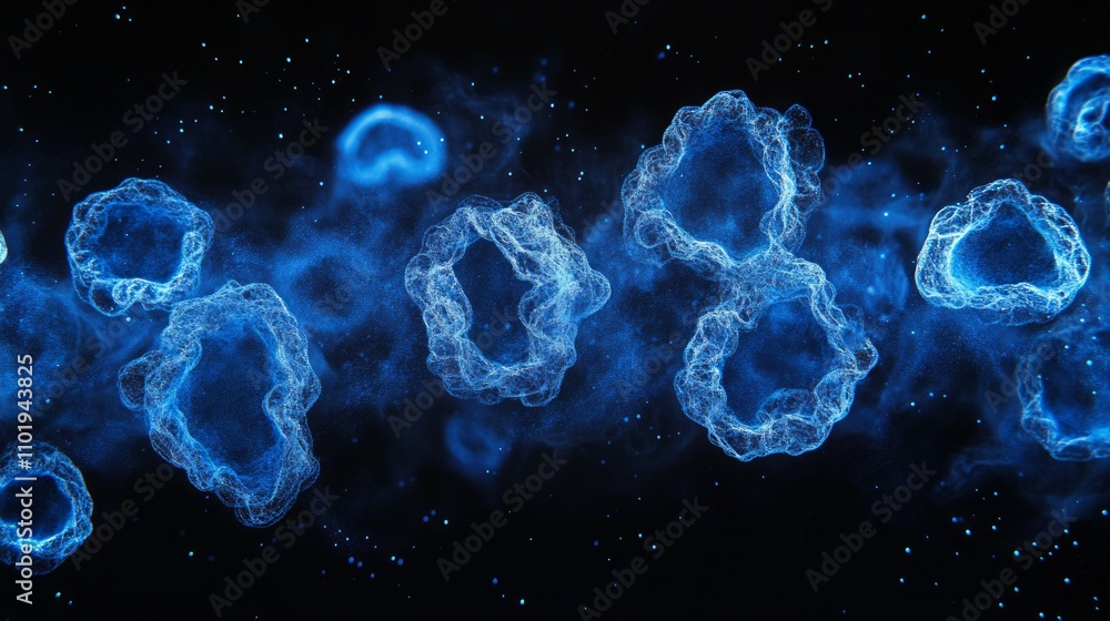 Obraz premium Dust spores blue bright contractions from left into the picture, black background